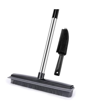 Pet Hair Remover Rubber Broom with Squeegee 59 inches Adjustable Carpet Rake Long Handle Push Broom for Hair Pet Dog Carpet Hardwood Floor Tile Windows Cleaning Black + Pet Comb