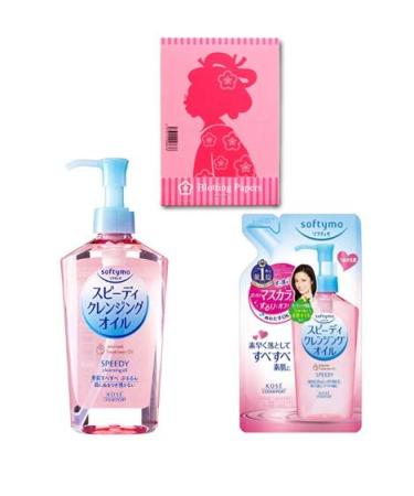 KOSE Softymo Speedy Cleansing Oil (230mL) with Refill Bottle (200mL) - Japanese Makeup and Mascara Remover Wash - Clears Pores and Smooths Skin - Includes Oil Blotting Paper