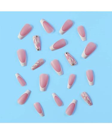 French Tip Press on Nails - Long Square Press On Nails with Nail Tips petal Dot drill Design Glossy meat pink press on nails Acrylic False Nails Cute Artificial Nails - Buy Online on GoSupps.com
