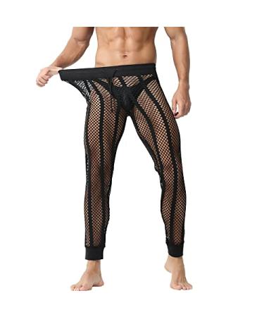 YUFEIDA Men's Fishnet Pants Drawstring Bottoms Low Rise Mesh Leggings Muscle Fit Long Pants See Through Thermal Bottoms Black X-Large