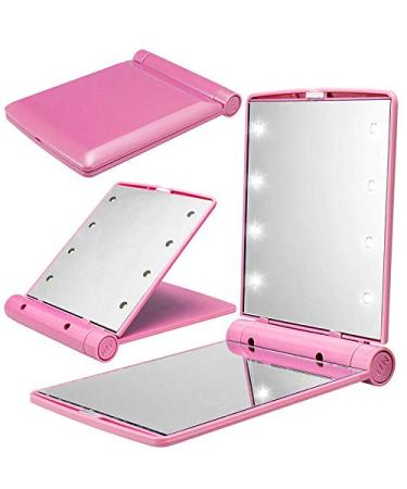 Makeup Cosmetic Folding Portable Compact Pocket Travel Mirror with 8 LED Lights Lamps (Pink)