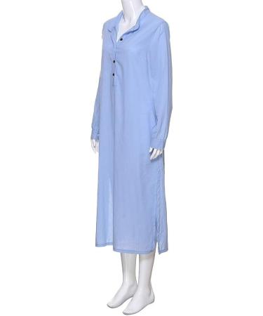 Women's Casual Cotton Linen Maxi Dress - Solid Long Sleeve Shift Dress with Side Split and Button Closure in Blue (X-Large) - Buy Online on GoSupps.com