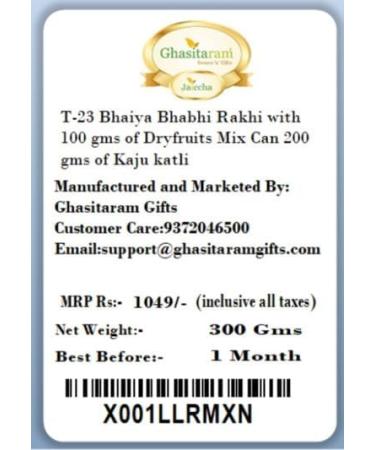 Ghasitaram Gifts Rakhis Online - Rakhi for Brother-T-23 Bhaiya Bhabhi Rakhi with 100 GMS of Dryfruits Mix Can 200 GMS of Kaju katli Rakhi Set & 100g Dryfruits Mix Can 200g Kaju katli - Buy Online on GoSupps.com