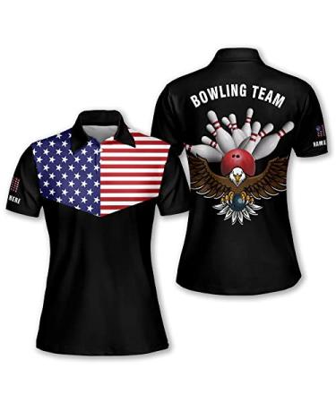 LASFOUR Personalized Eagle American Flag Bowling Shirts for Women, Custom Quick-Dry Bowling Team Polo Shirts for Women Dt30