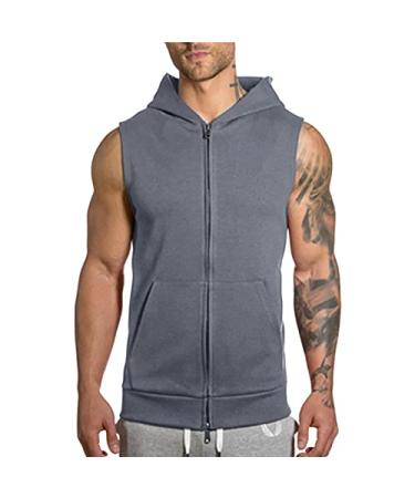 EndoraDore Men's Sleeveless Zip Up Hooded Workout Tank Tops Lightweight Muscle Cut T Shirt Hoodie Zip-up Vests Jacket Medium Darkgrey