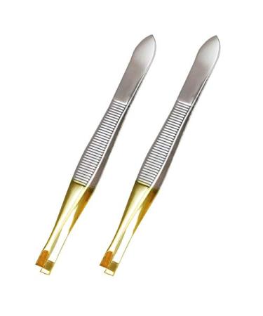Luxxii (2 Pack) Flat Tweezers - Gold Tone Stainless Steel Flat Tip Tweezers Hair Plucker for Hair and Eyebrows Personal Care (Gold Tone_A)