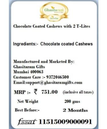 Jaiccha Ghasitaram Diwali Gifts Chocolate - Chocolate Coated Cashews with 2 T-Lites - Buy Online on GoSupps.com