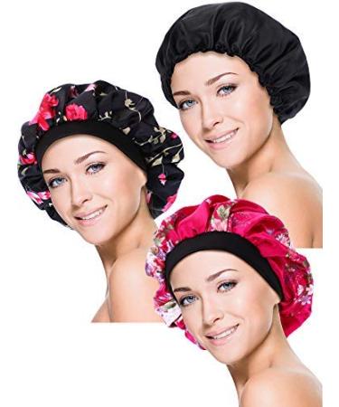 Blulu 3 Pieces Sleep Cap Satin Bonnet Night Head Cover Sleeping Soft Hair Turbans for Women and Girls (Style Set 3)