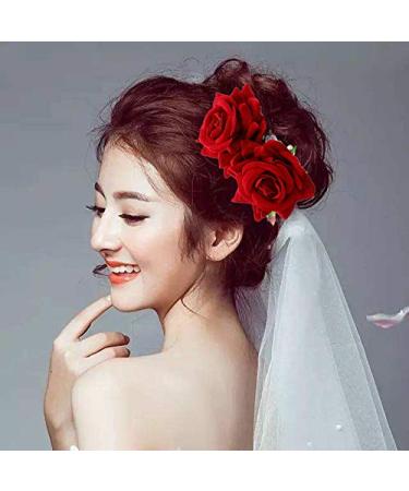 Iwobi Ladies Rose Flower Hair Clip - Elegant Bridal Hair Jewelry for Weddings Parties Halloween & Masquerades (Red) - Buy Online on GoSupps.com
