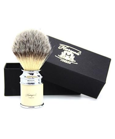 Men's shaving brush in metal and ivory color with synthetic silver tip hair