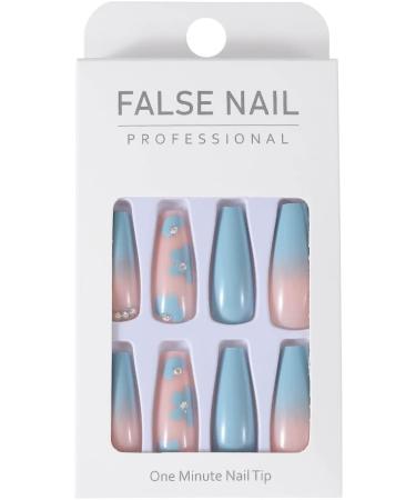 Brishow Coffin False Nails - Long Blue Flower Fake Nails | 24pcs Ballerina Acrylic Stick on Nails for Women and Girls - Buy Online on GoSupps.com