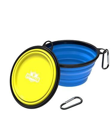 Collapsible Pet Bowls Collection - Portable Silicone Food and Water Dog Bowl Set, BPA and Lead Free with Carabiner Clips for Travel- 2 Pack, 32oz Each by PETMAKER Blue/Yellow