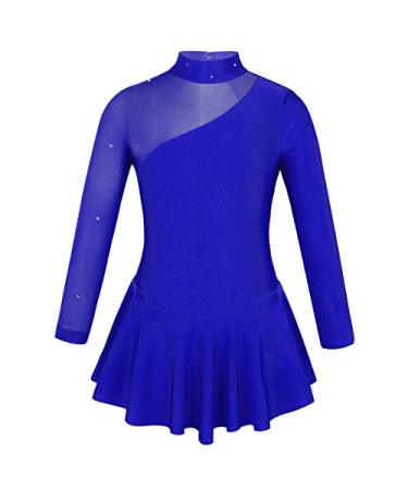 zdhoor Kids Girls Figure Ice Skating Dress Long Sleeves Ballet Dance Leotards Crystals Gymnastics Outfits Royal Blue 6