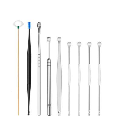 Lbaby 9Pcs Ear Wax Removal Kit Ear Cleaning Tool Set Stainless Steel Ear Cleaner Multi Functional Spiral Ear Wax Pick Remover Kit for Adults Kids Silver