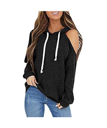 Modedress Womens Autumn Tops Long Sleeve Summer Pullove Sweatshirt Solid Color Drawstring Hoodies Tunic Tops with Pockets Black Medium