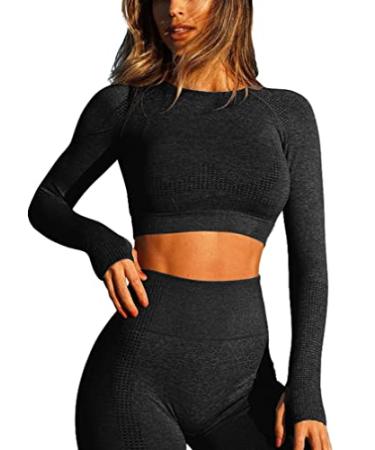 Stylishine Women Seamless Long Sleeve Bodycon Crop Tops Stretch Yoga Athletic Shirts Control Workout Gym Black Small
