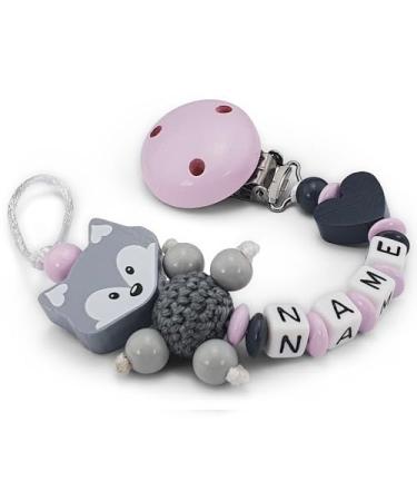 Pacifier holder personalized with name for girls & boys | MANY COLORS | Baby gift for birth & baptism | Fox (pink)