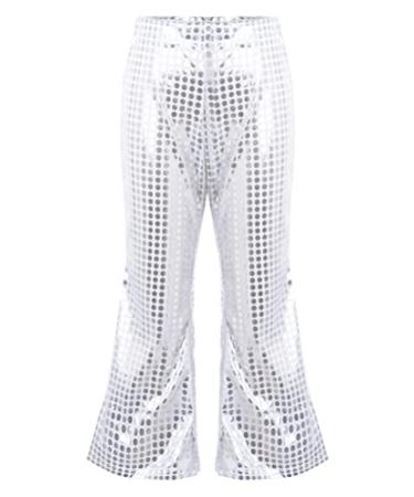 Aislor Girls Shiny Metallic Wide Leg Flare Trousers Stretch Bell Bottoms Modern Hip Hop Jazz Street Latin Dance Pants Silver 9-10 Years