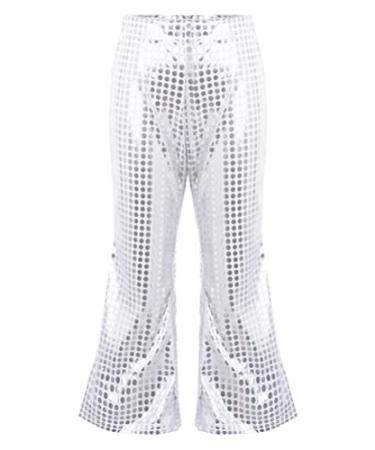 Aislor Girls Shiny Metallic Wide Leg Flare Trousers Stretch Bell Bottoms Modern Hip Hop Jazz Street Latin Dance Pants Silver 9-10 Years