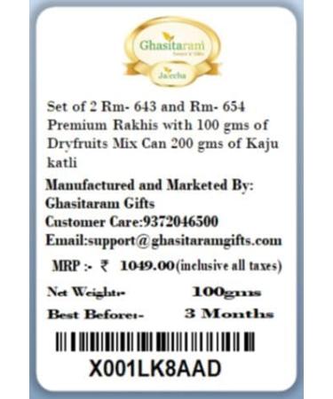 Ghasitaram Gifts Rakhi for Brother Rakhis Online - Set of 2 Rm- 643 and Rm- 654 Premium Rakhis with 100 GMS of Dryfruits Mix Can 200 GMS of Kaju katli - Buy Online on GoSupps.com