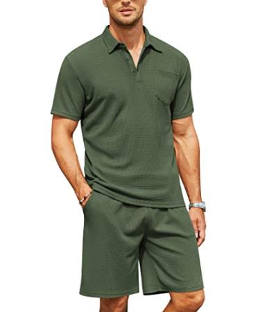 COOFANDY Men's Waffle Knit Polo Shirt and Shorts Set 2 Pieces Outfits Summer Suit Casual Tracksuit with Pockets Army Green Large