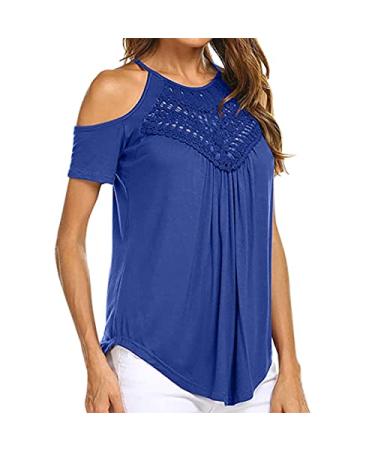 Summer Tops for Women Short Sleeve T Shirts Cold Shoulder Hollow Out Casual Solid Color Flowy Tops Tees Dark Blue X-Large