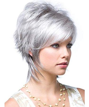 SEVENCOLORS Short Gray Wigs for Women Layered Pixie Cut Wigs with Bangs Silver Grey Short Wigs for White Women Synthetic Hair Wigs Natural Looking