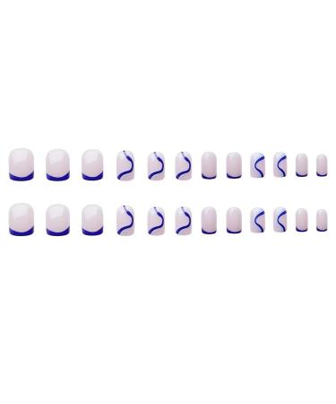 YoYoee Short Square Blue Swirl French False Nails - 24PCS Glossy Acrylic Full Cover Fake Nails for Women and Girls - Buy Online on GoSupps.com