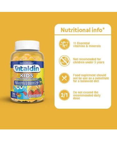 Vitaldin Multivitamin Kids Gummies - 11 Essential Vitamins & Minerals - Gluten-Free Dietary Supplements for Energy & Immune Support - 70 Fruit Flavored Gums (1 Month Supply) - Buy Online on GoSupps.com