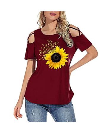 Womens Cold Shoulder Shirts O-Neck Short Sleeve Blouse Tshirts Summer Trendy Casual Loose Tops Tunic Graphic Tee X-Large Ared