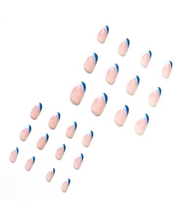 RikView French Press on Nails - Medium Length Almond White & Blue Glossy Acrylic Nails for Women - Buy Online on GoSupps.com