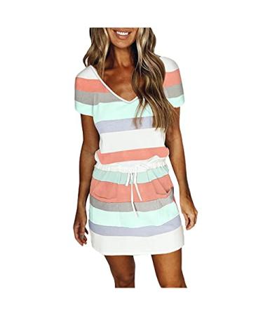 Maqroz Women's Summer Casual Striped Knee Length Dress Short Sleeve Drawstring Waist Dress Mini Beach Dresses with Pocket A06#mint Green Small