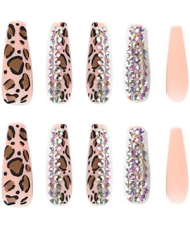 JUSTOTRY 24 Pcs Leopard French Press on False Nails with Diamonds Brown Ballerina Stick on Nails for Women - Acrylic Coffin Fake Nails with Glue - Nail Art Jewels - Buy Online on GoSupps.com