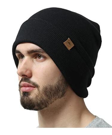 Cuffed Knit Beanie Winter Hat for Men and Women - Warm, Soft & Stretchy Daily Ribbed Lightweight Toboggan Cap Black