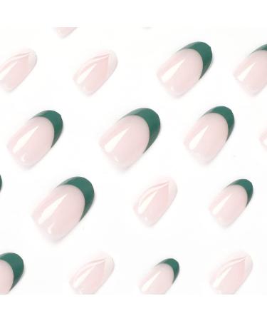 24Pc Short Glossy Almond Design Press on Nails - French Green False Nails Kit with Glue - Oval Green White Nail Tips - Buy Online on GoSupps.com