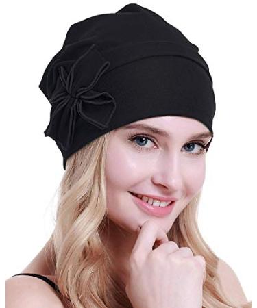 osvyo Cotton Chemo Turbans Headwear Beanie Hat Cap for Women Cancer Patient Hairloss One Size Cotton Black