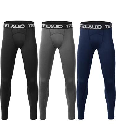 TELALEO 1/2/3 Pack Boys' Youth Compression Leggings Pants Tights Athletic Base Layer for Running Hockey Basketball Black Grey Blue 3 Pack Small