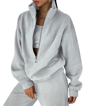 COZYPOIN Women's Fleece Two Piece Outfit Half Zip Sweatshirt and Joggers Pants Set Tracksuit Grey X-Large