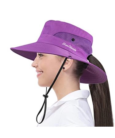 Lesgrod Womens Ponytail Sun Hat UV Protection Bucket Hats Foldable Wide Brim Hat for Beach Fishing Hiking Pure Purple