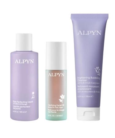 Alpyn The Clear Skin Method: 4.0 Fl Oz. Pore Perfecting Liquid + 1 Fl Oz Clarifying Facial Oil + 4 Fl Oz. Brightening Bubbling Cleanser