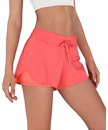 ODODOS Women's 2 in 1 Workout Shorts with Pockets High Waisted Gym Yoga Running Shorts with Liner Style A Large Coral
