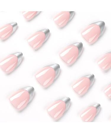 French Tip Press on Nails - Short point Press On Nails with Nail Tips Silver edged Design Glossy pink press on nails Acrylic False Nails Cute Artificial Nails - Buy Online on GoSupps.com