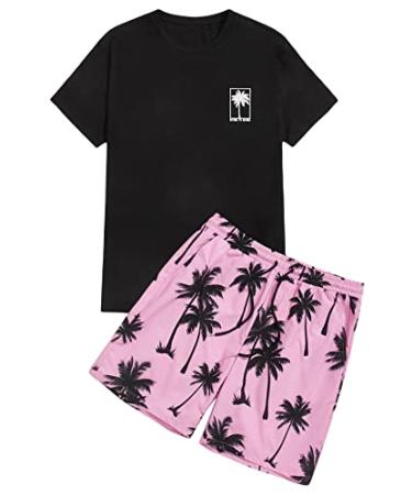 GORGLITTER Men's Two Piece Outfits Hawaiian Sets Graphic Shirt and Shorts Track Suits Sets Medium Black and Pink