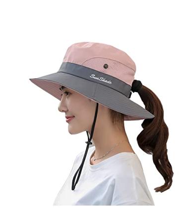 NPQQUAN 1 & 2 PCS Sun Hat for Women Men 3 Wide Brim UPF 50+ Fishing & Bucket Beach Hats Pink/Grey(ponytail Hole) 1