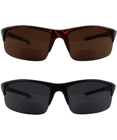 Hyyiyun 2 Pairs Bifocal Reader Sunglasses 2.0x UV Protection Wrap Around Sports Sun Reading Glasses for Men and Women in Black & Tortoise - Buy Online on GoSupps.com