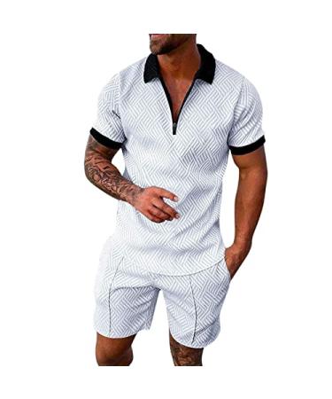 QWENTMTNTY Men Short Sets Outfits 2 Piece Summer Polo Shirt and Shorts Sets Muscle Slim Fit Short Sleeve Tracksuit Fashion White XX-Large
