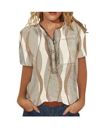 Lastesso Summer Womens Cotton Linen Shirts Casual V Neck Button Striped Graphic Print Tops Blouse Short Sleeve Trendy Tshirt Gray #7 3X-Large