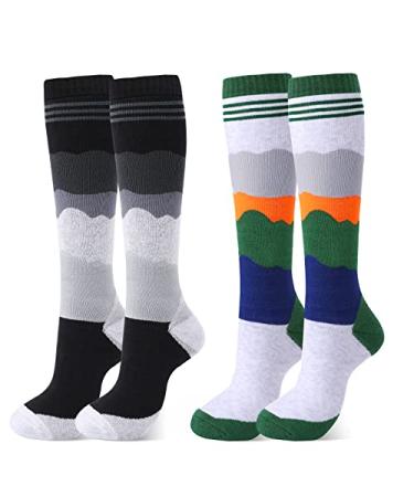 Ski Socks, 2 pair Knee high Non-Slip Warm Socks for Winter Skiing Snowboarding Skating, Outdoor Sports Socks Men Women 7-10, Green+gray