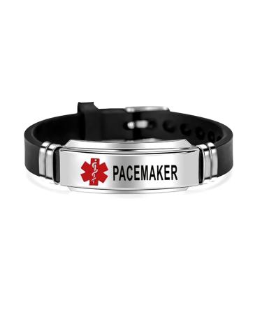 PACEMAKER Medical Alert Silicone Sport Bracelet for Men Women Engraved Stainless Steel First Aid Health Monitoring Adjustable Emergency ID Wristband Bracelets