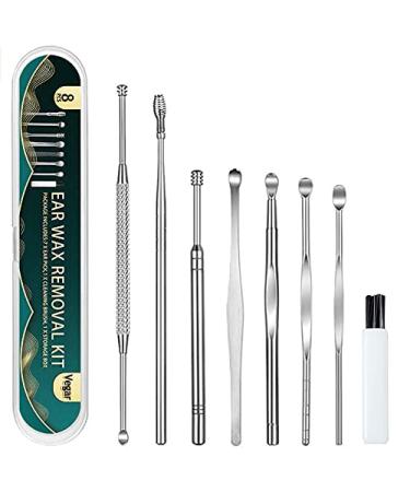 8PCS Premium Stainless Steel Earwax Removal Kit Reusable Easy to Use and Clean Ear Curette Earwax Remove Tools with a Cleaning Brush and Storage Box